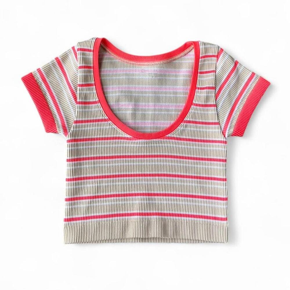 Aerie Offline Pink, Tan & White Striped Seamless Crop Top – Size XS